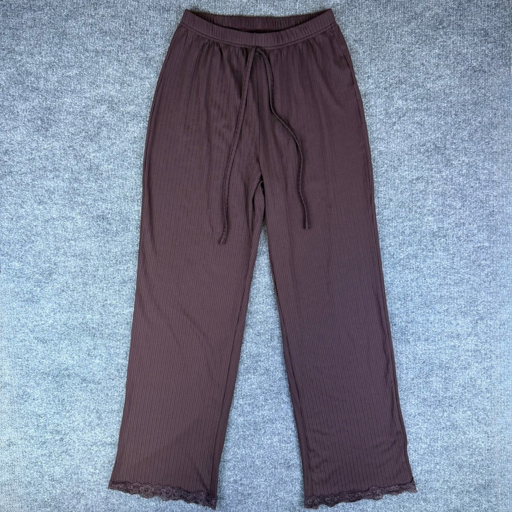 Womens Brown Ribbed Pinstripe Wide Leg Lace‎ Detail Lounge Pants Drawstring Sz M